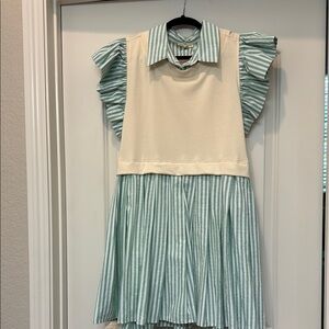 Entro Cream and Green Striped Casual Dress